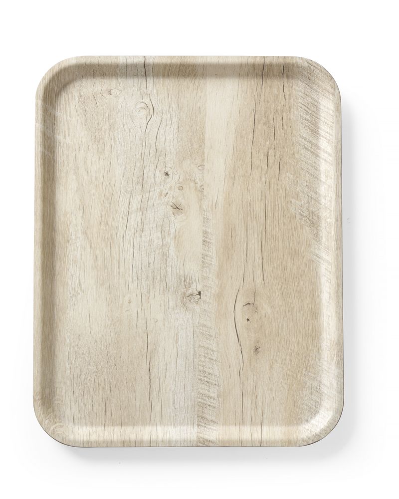 Vassoio da servizio in melamina con stampa tipo legno AmerBox - lunghezza 330 × larghezza 430 × altezza 13 mm | HE508862