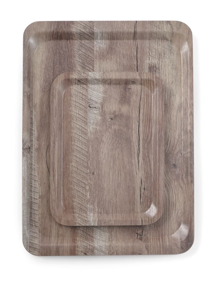 Vassoio da servizio in melamina con stampa tipo legno AmerBox - lunghezza 340 × larghezza 234 × altezza 16 mm | HE508916