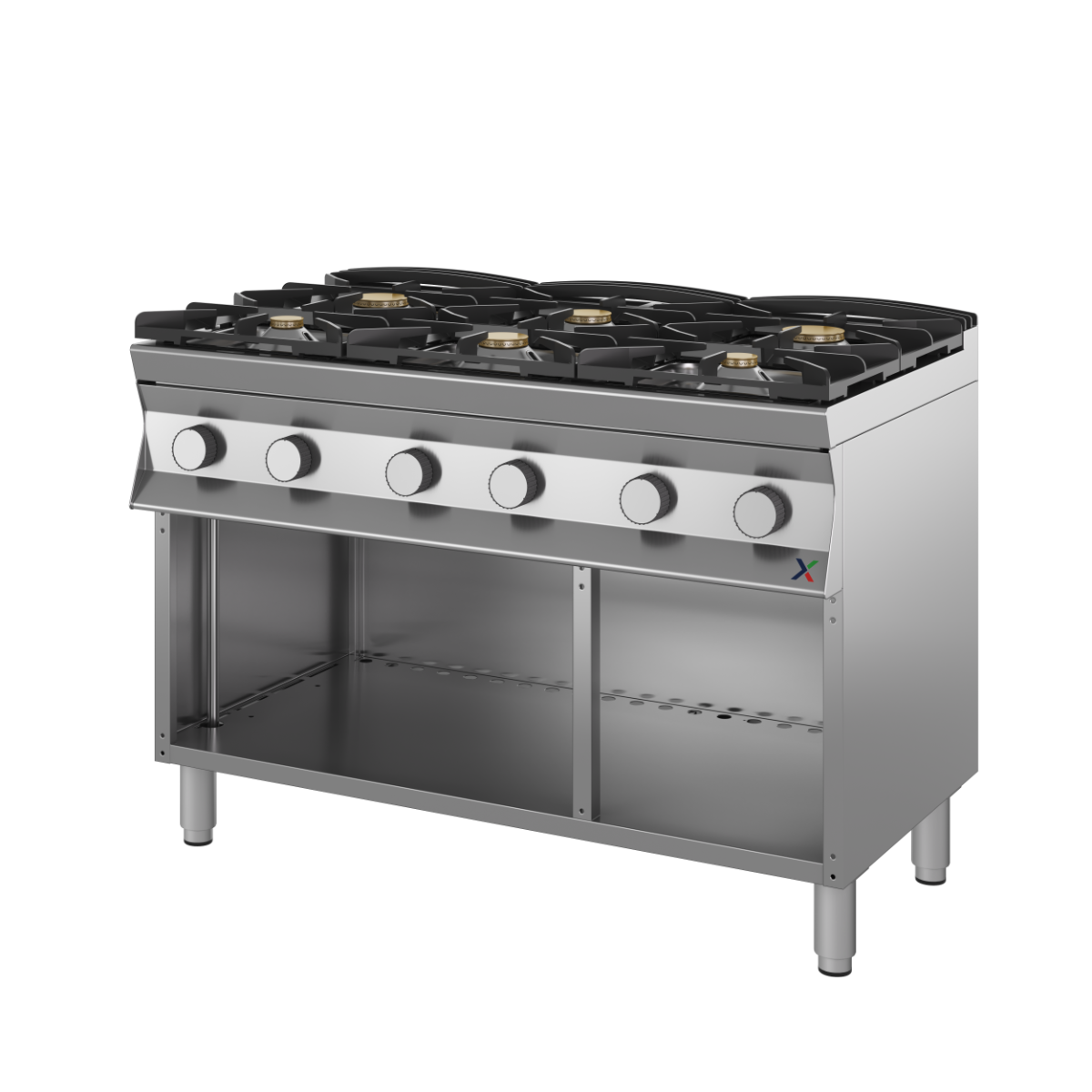 Cucina fiamma libera 6 fuochi a gas con bruciatori stagni e piano con invaso mm. 1200x900x850/900h-gas met G20. INOX BIM, codice 9CFLG6PAN. Immagine rappresentativa della serie; fare riferimento alla descrizione del modello.