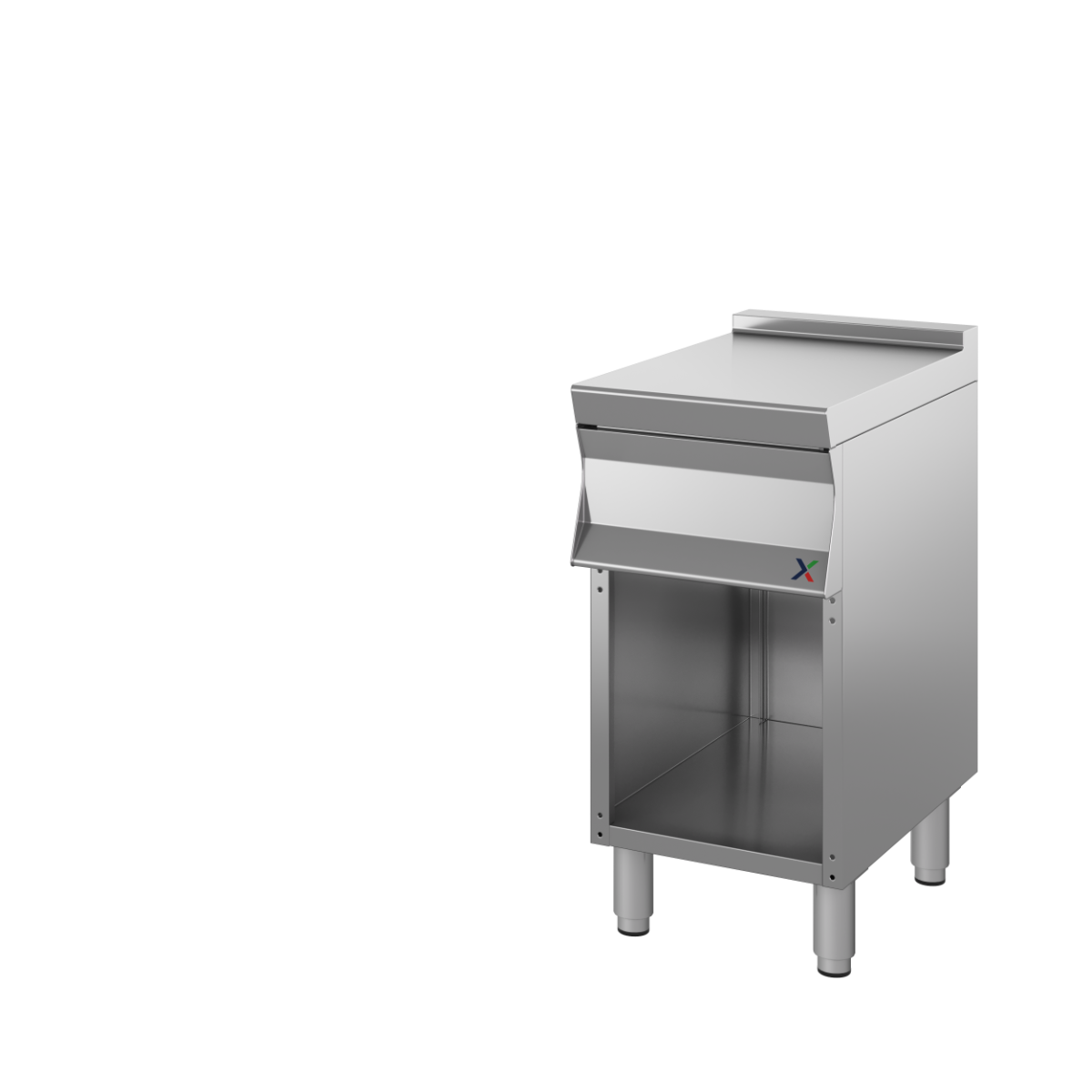Base neutra armadiata a giorno con 1 cassetto mm. 400x900x850/900h. INOX BIM, codice 9CCN1ACS. Immagine rappresentativa della serie; fare riferimento alla descrizione del modello.