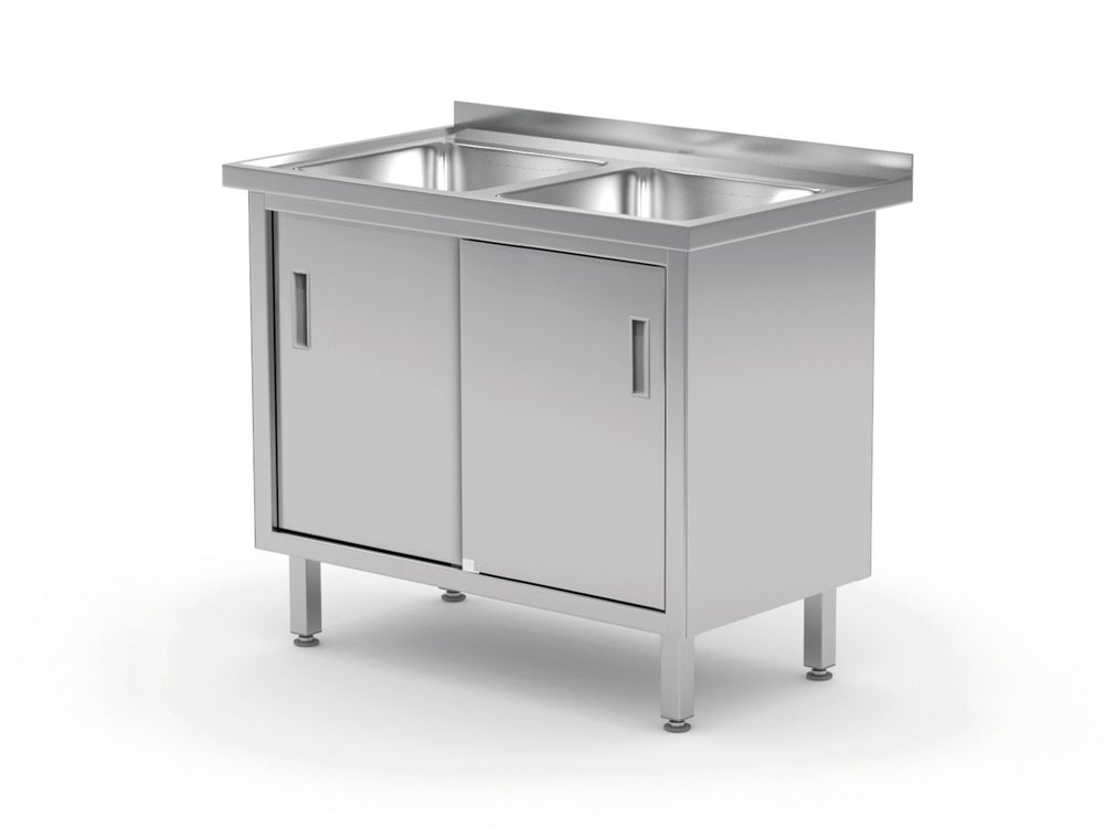 Tavolo con 2 lavandini, armadio – saldato, con porte scorrevoli HENDI - lunghezza 598 × larghezza 1000 × altezza 875 mm |