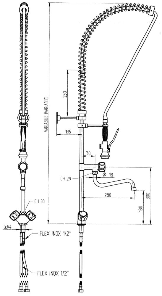 Rubinetto di pre-risciacquo HENDI - lunghezza 500 × larghezza 140 × altezza 1590 mm | HE970515