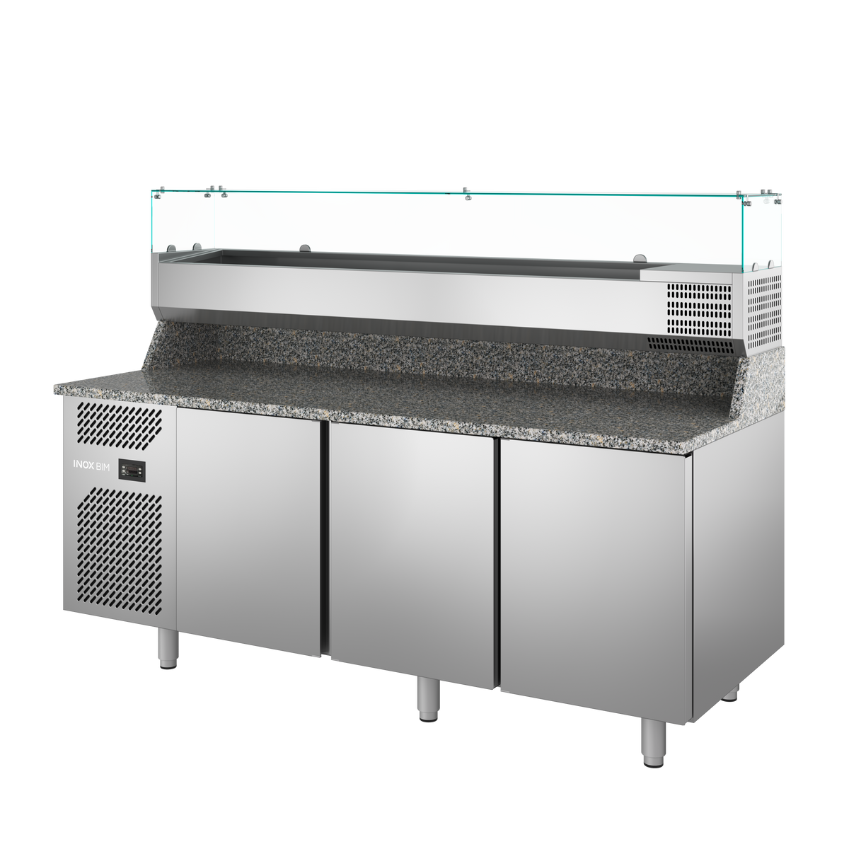 Banco refrigerato 3 porte con vetri mm. 2000x800x1470h portabac. GN 1/3. INOX BIM, codice TP.3-21. Immagine rappresentativa della serie; fare riferimento alla descrizione del modello.