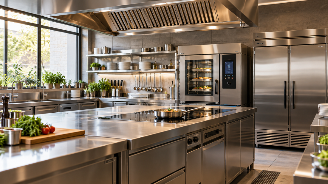 Illustrazione di una cucina professionale con piano a induzione, forno combinato e armadio refrigerato.