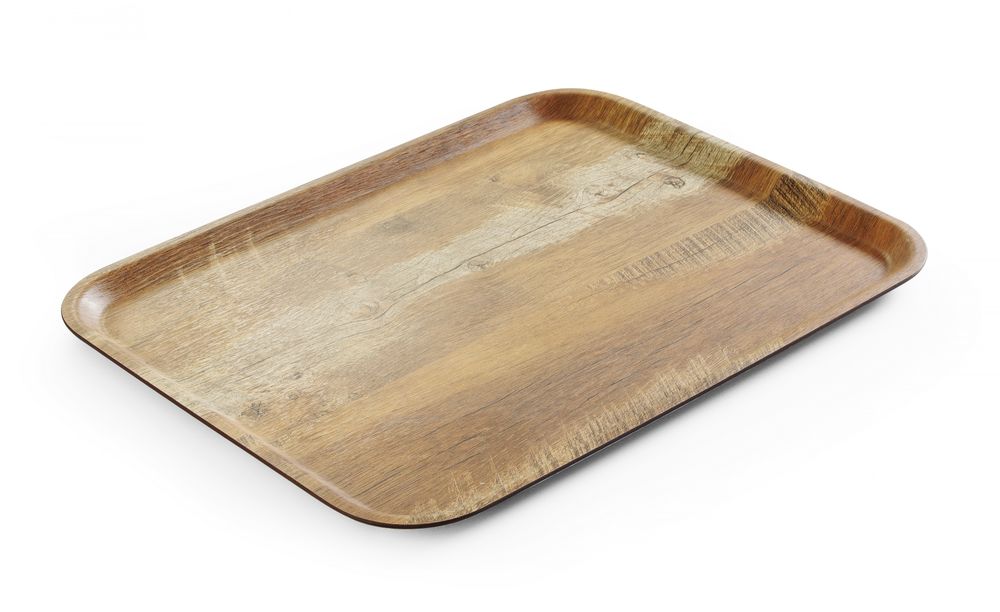 Vassoio da servizio in melamina con stampa tipo legno AmerBox - lunghezza 330 × larghezza 430 × altezza 13 mm | HE508879