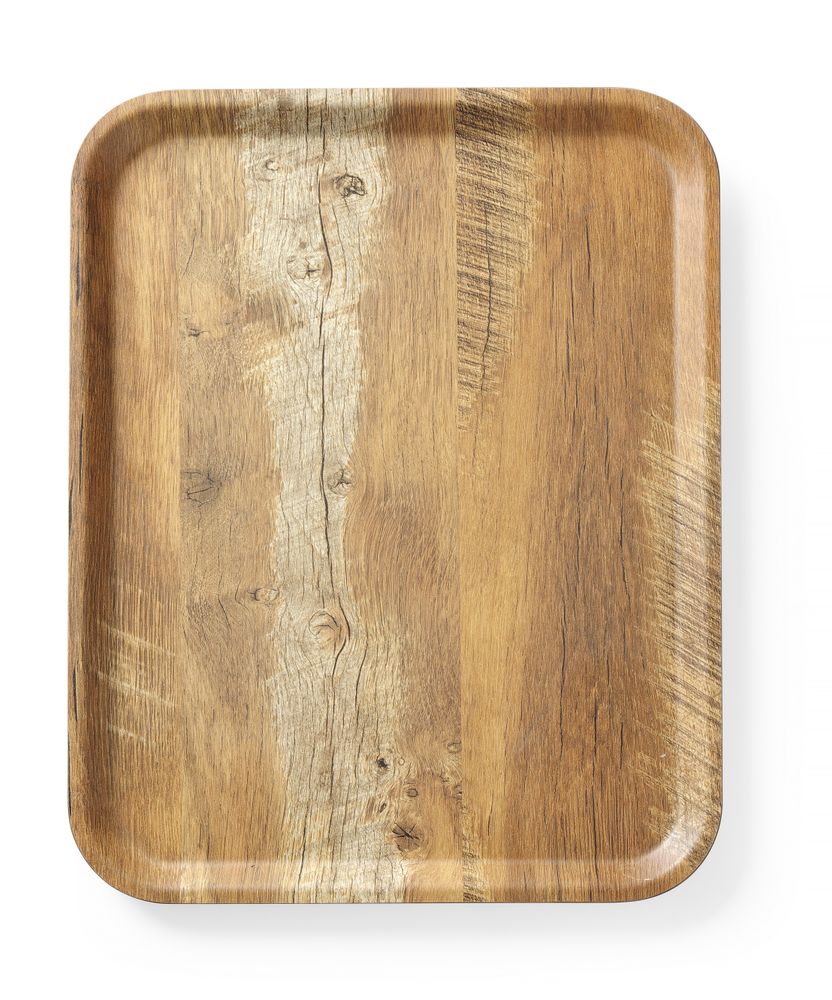 Vassoio da servizio in melamina con stampa tipo legno AmerBox - lunghezza 330 × larghezza 430 × altezza 13 mm | HE508879