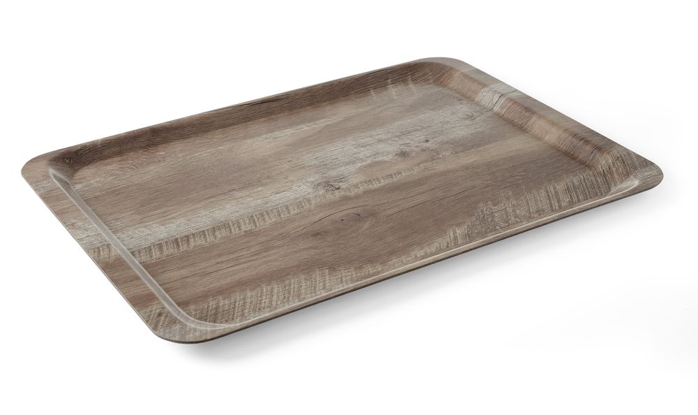 Vassoio da servizio in melamina con stampa tipo legno AmerBox - lunghezza 526 × larghezza 365 × altezza 18 mm | HE508947