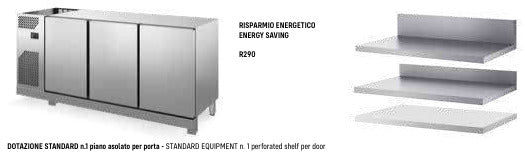Base refrigerata 0+10° senza piano inox 4 porte mm. 2500x600x910/960 h. INOX BIM, codice BBR6250. Immagine rappresentativa della serie; fare riferimento alla descrizione del modello.