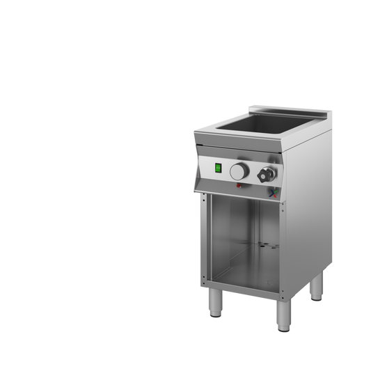 Bagnomaria elettrico su base armadiata a giorno mm.400x900x850/900h. INOX BIM, codice 9CBME1A. Immagine rappresentativa della serie; fare riferimento alla descrizione del modello.