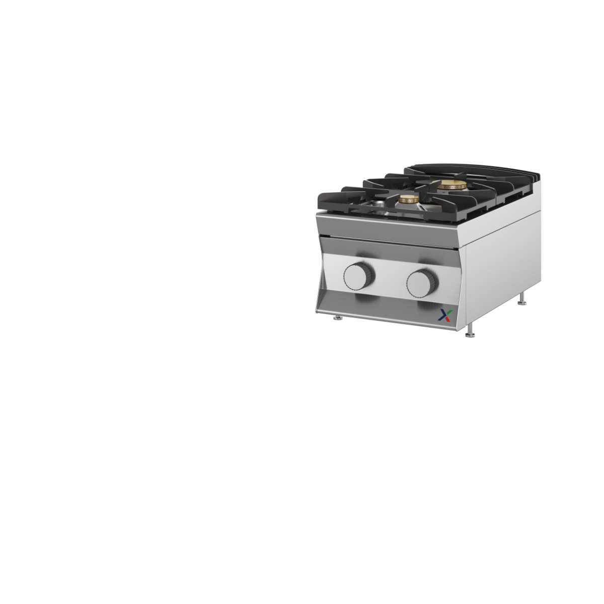 Top fiamma libera 2 fuochi a gas con bruciatori stagni e piano con invaso mm. 400x700x280h-gas met G20. INOX BIM, codice 7TFLG2N. Immagine rappresentativa della serie; fare riferimento alla descrizione del modello.
