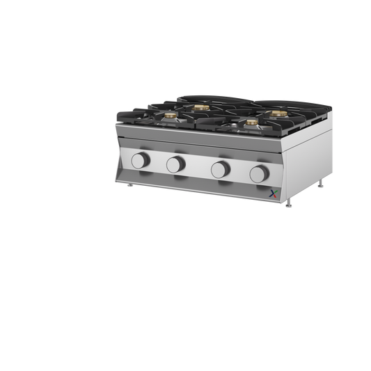 Top fiamma libera 4 fuochi a gas con bruciatori stagni e piano con invaso mm. 800x900x280h-gas met G20. INOX BIM, codice 9TFLG4N. Immagine rappresentativa della serie; fare riferimento alla descrizione del modello.
