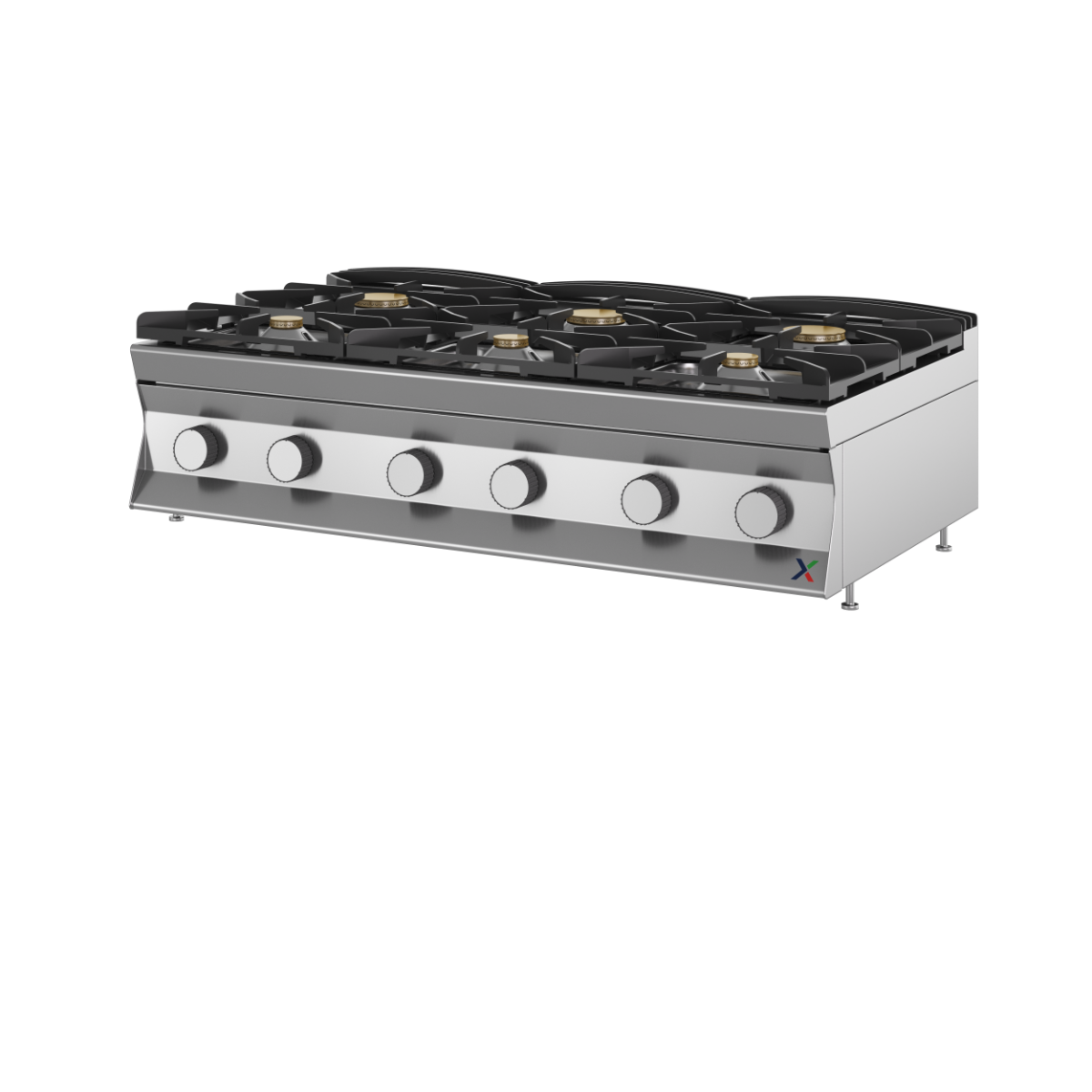 Top fiamma libera 6 fuochi a gas con bruciatori stagni e piano con invaso mm. 1200x700x280h-gas met G20. INOX BIM, codice 7TFLG6N. Immagine rappresentativa della serie; fare riferimento alla descrizione del modello.