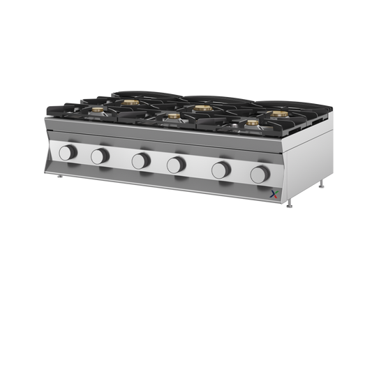 Top fiamma libera 6 fuochi a gas con bruciatori stagni e piano con invaso mm. 1200x700x280h-gas met G20. INOX BIM, codice 7TFLG6N. Immagine rappresentativa della serie; fare riferimento alla descrizione del modello.