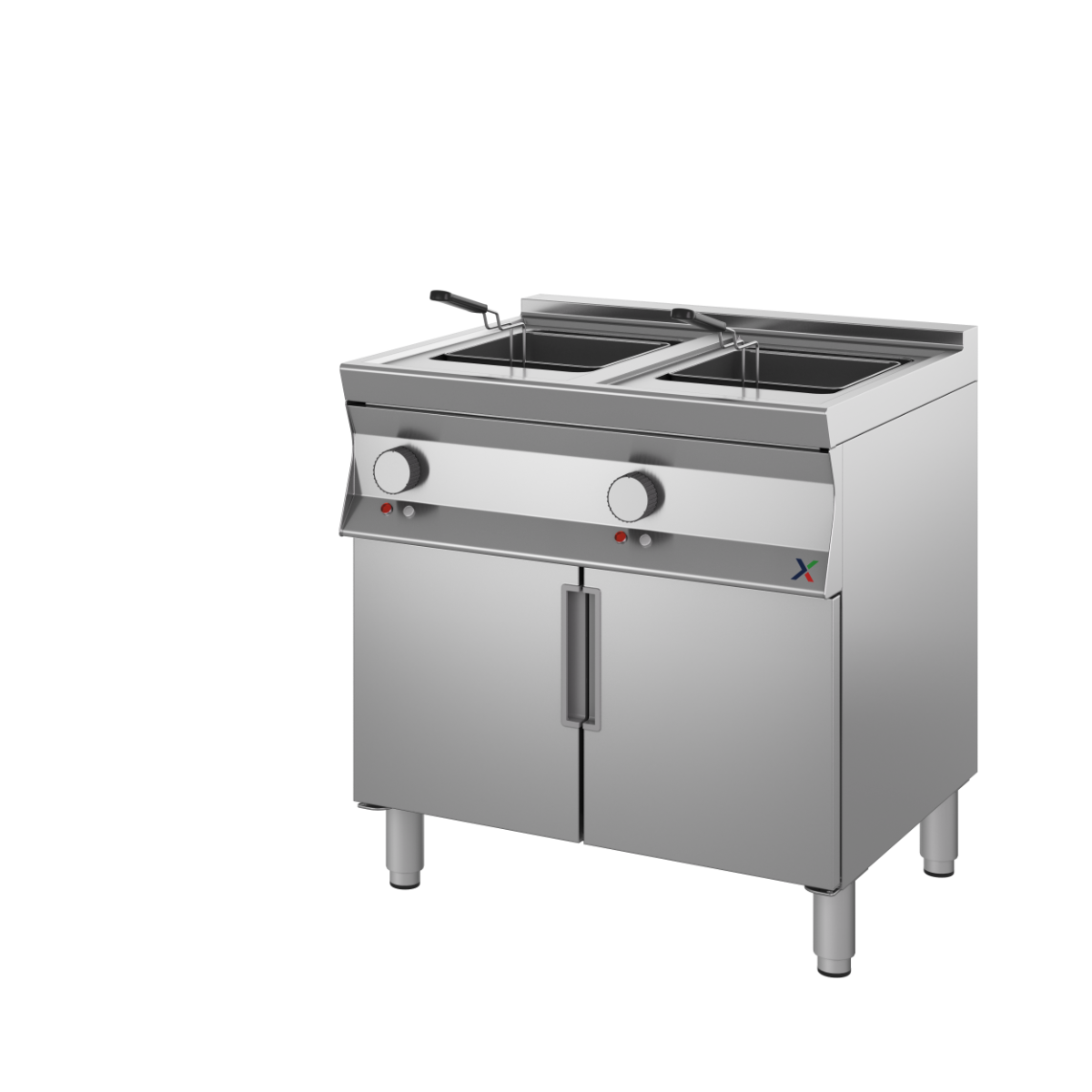 Friggitrice elettr. su base armadiata 2 ante mm 900x900x850/900h. INOX BIM, codice CFFE2. Immagine rappresentativa della serie; fare riferimento alla descrizione del modello.