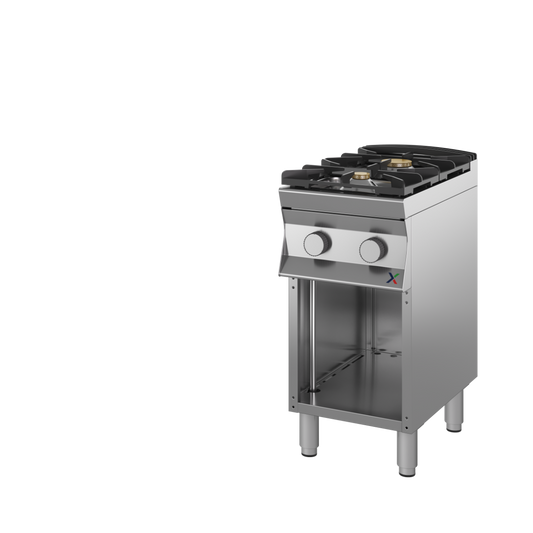 Cucina fiamma libera 2fuochi gas met G20 aperta mm 400x700x850/900h. INOX BIM, codice 7CFLG2DA/12. Immagine rappresentativa della serie; fare riferimento alla descrizione del modello.