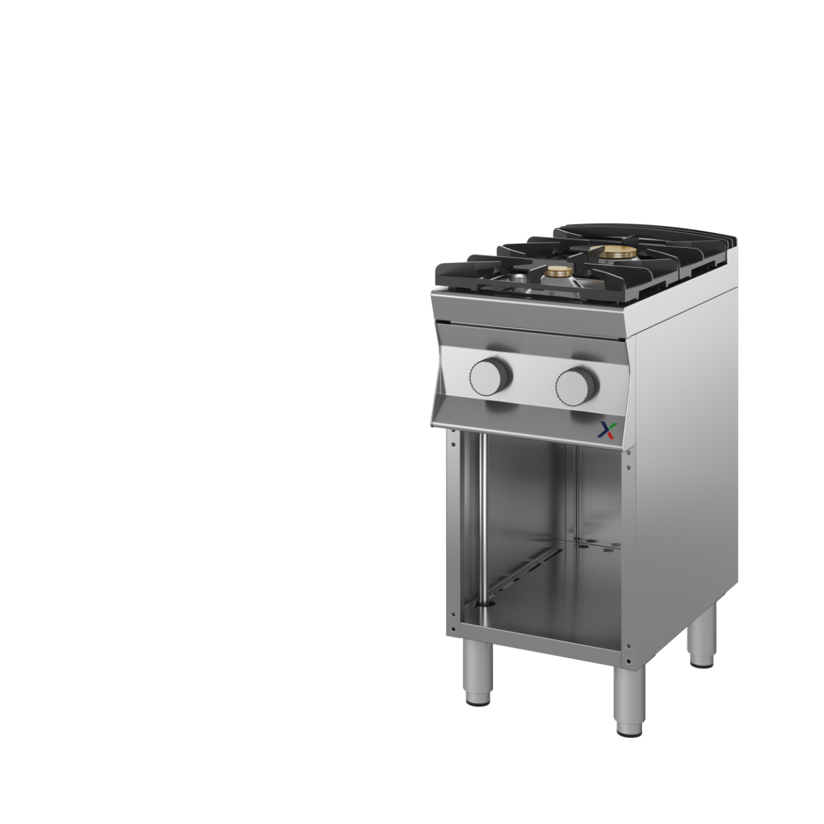 Cucina fiamma libera 2fuochi gas met G20 aperta mm 400x700x850/900h. INOX BIM, codice 7CFLG2A/12. Immagine rappresentativa della serie; fare riferimento alla descrizione del modello.