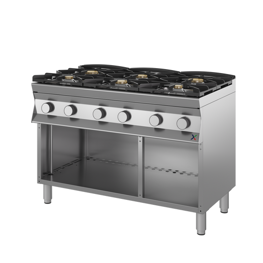 Cucina fiamma libera 6 fuochi a gas con bruciatori stagni e piano con invaso mm. 1200x900x850/900h-gas met G20. INOX BIM, codice 9CFLG6AN. Immagine rappresentativa della serie; fare riferimento alla descrizione del modello.