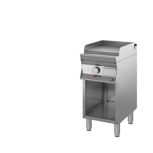 Fry top elet arm.a giorno piastra liscia CROMATA mm 400x900x850/900h. INOX BIM, codice 9CFTE1LACR. Immagine rappresentativa della serie; fare riferimento alla descrizione del modello.