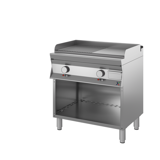 Fry top elet arm.a giorno piastra liscia/rigata CROMATA mm 800x700x850/900h. INOX BIM, codice 7CFTE2LRACR. Immagine rappresentativa della serie; fare riferimento alla descrizione del modello.