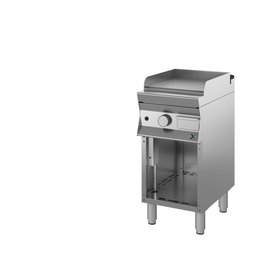 Fry top a gas armadiato a giorno-gas met piastra liscia mm 450x900x850/900h CROMA. INOX BIM, codice CFTG2LACR. Immagine rappresentativa della serie; fare riferimento alla descrizione del modello.