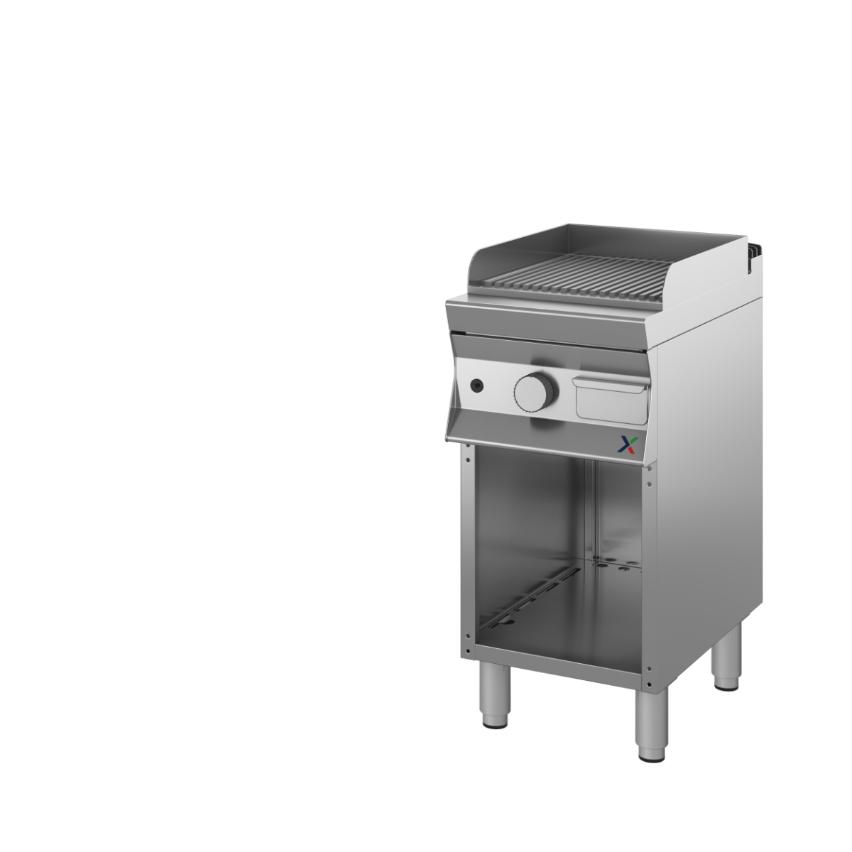 Fry top a gas armad.a giorno- CROMATA piastra rigata mm 450x900x850/900h. INOX BIM, codice CFTG2RACR. Immagine rappresentativa della serie; fare riferimento alla descrizione del modello.