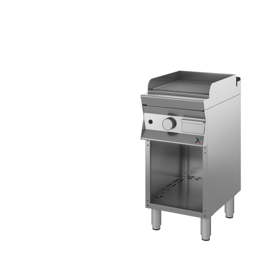 Fry top a gas armad.a giorno- CROMATA piastra rigata mm 450x900x850/900h. INOX BIM, codice CFTG2RACR. Immagine rappresentativa della serie; fare riferimento alla descrizione del modello.