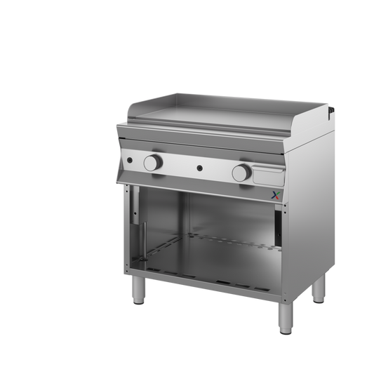 Fry top a gas armadiato a giorno piastra liscia mm 900x900x850/900h CROMA. INOX BIM, codice CFTG4LACR. Immagine rappresentativa della serie; fare riferimento alla descrizione del modello.