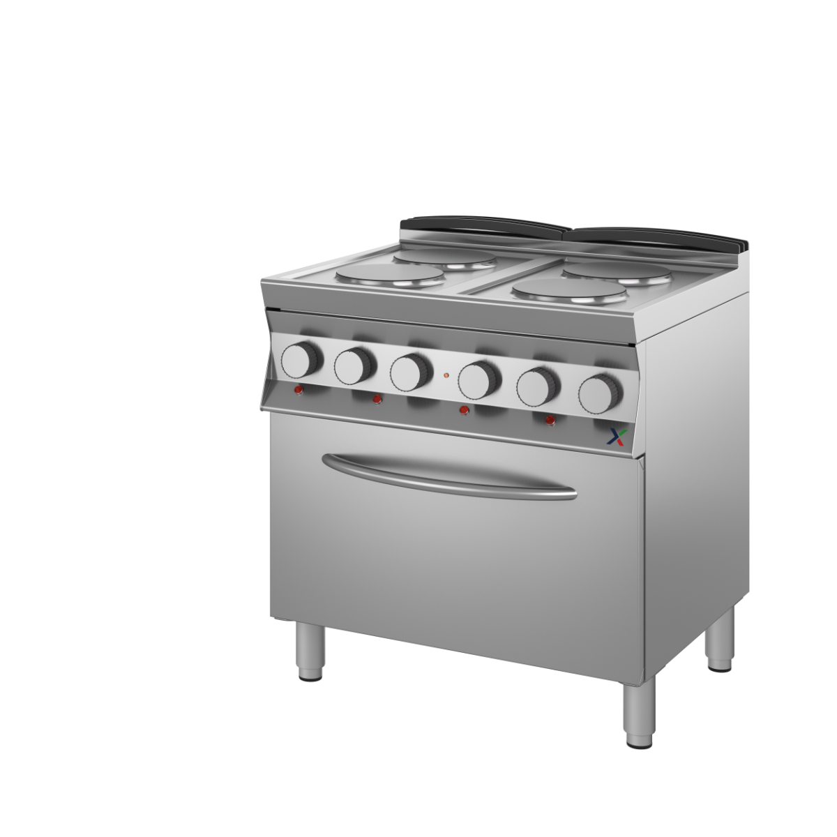 Cucina elettrica 4 piastre sing. su base arm. con forno GN2/1 mm.800x700x850/900h. INOX BIM, codice 7CPSE2FE. Immagine rappresentativa della serie; fare riferimento alla descrizione del modello.