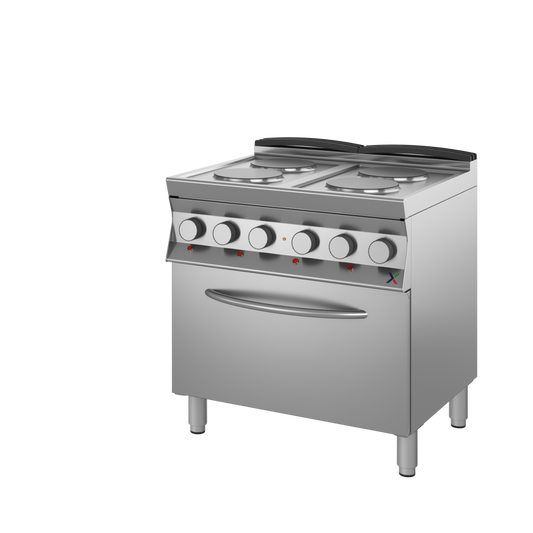 Cucina elettrica 4 piastre sing. su base arm. con forno GN2/1 mm.800x700x850/900h. INOX BIM, codice 7CPSE2FE. Immagine rappresentativa della serie; fare riferimento alla descrizione del modello.