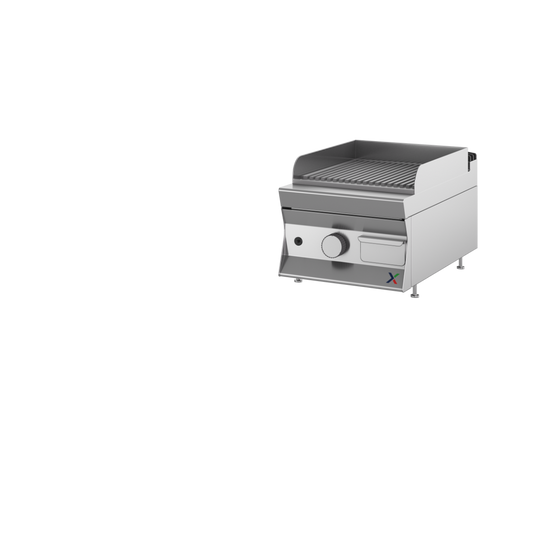 Fry top a gas da banco - CROMATA piastra rigata mm 450x900x250h. INOX BIM, codice TFTG2RCR. Immagine rappresentativa della serie; fare riferimento alla descrizione del modello.