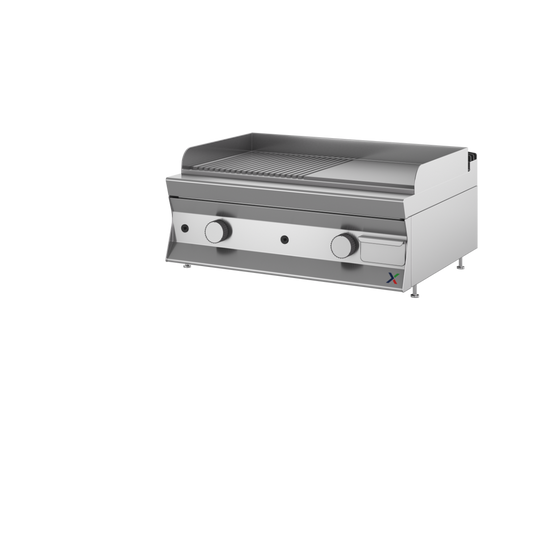 Fry top a gas da banco piastra CROMATA liscia/rig. mm 900x900x250h- gas met G20. INOX BIM, codice TFTG4LRCR. Immagine rappresentativa della serie; fare riferimento alla descrizione del modello.