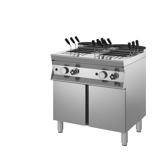 Cuocipasta a gas potenziato su base armadiata 2ante mm800x900x850/900h cest.escl-gas met G20. INOX BIM, codice 9CCPG2P. Immagine rappresentativa della serie; fare riferimento alla descrizione del modello.