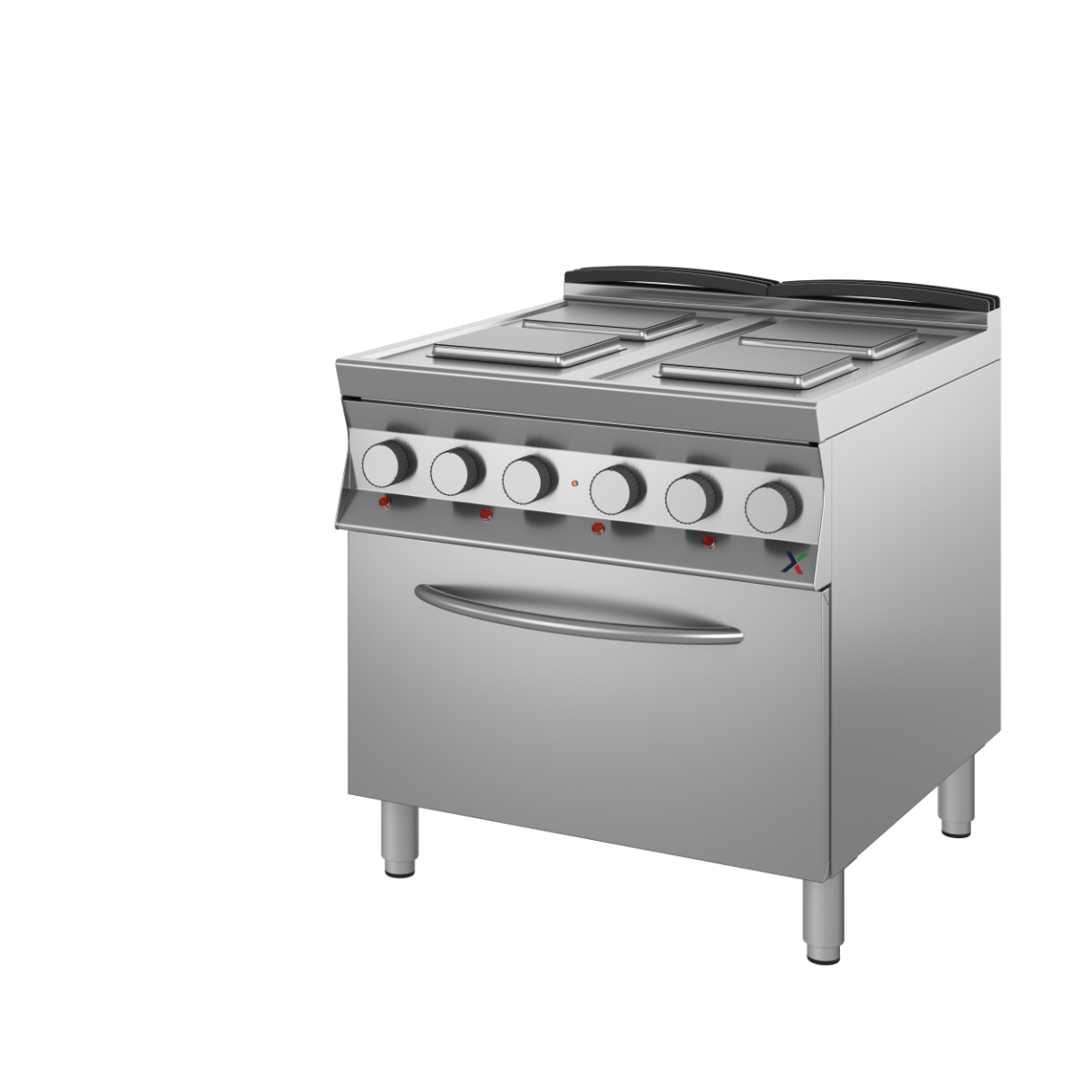 Cucina elettrica 4 piastre sing. su base arm. con forno GN2/1 mm.800x900x850/900h. INOX BIM, codice 9CPSE2FE. Immagine rappresentativa della serie; fare riferimento alla descrizione del modello.