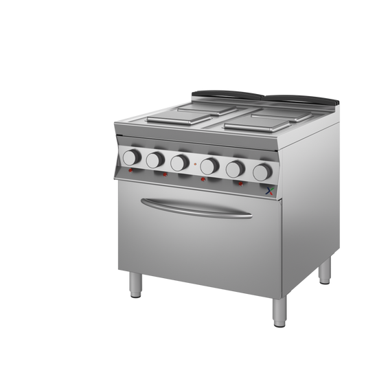 Cucina elettrica 4 piastre sing. su base arm. con forno GN2/1 mm.800x900x850/900h. INOX BIM, codice 9CPSE2FE. Immagine rappresentativa della serie; fare riferimento alla descrizione del modello.