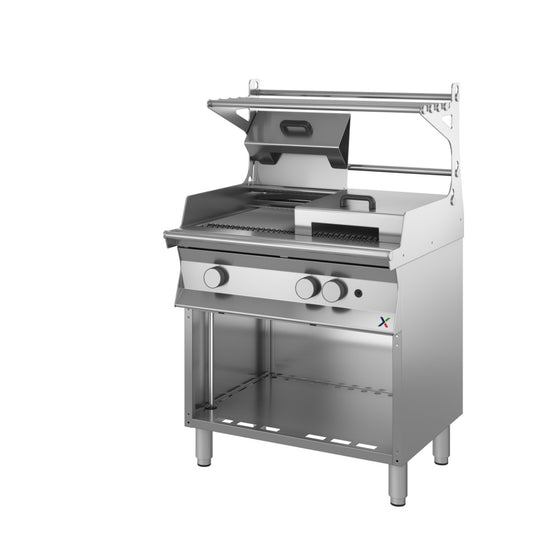 Griglia diretta gas su base arm MacChef mm 900x900x850/900h con vasca. INOX BIM, codice MCGG4V. Immagine rappresentativa della serie; fare riferimento alla descrizione del modello.