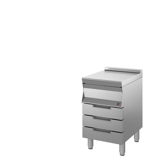 Base neutra armadiata con 3 cassetti mm. 400x900x850/900h. INOX BIM, codice 9CCN1. Immagine rappresentativa della serie; fare riferimento alla descrizione del modello.