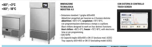 Abbattitore 3 teglie GN 2/3 abbatt.+70+3 surgelaz. +70 -18° mm. 660x640x437 h. INOX BIM, codice A23C. Immagine rappresentativa della serie; fare riferimento alla descrizione del modello.