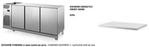 Base refrigerata 0+10° per drop-in,senza piano, 4 porte mm. 2750x600x800/850 h. INOX BIM, codice BBR6250D. Immagine rappresentativa della serie; fare riferimento alla descrizione del modello.
