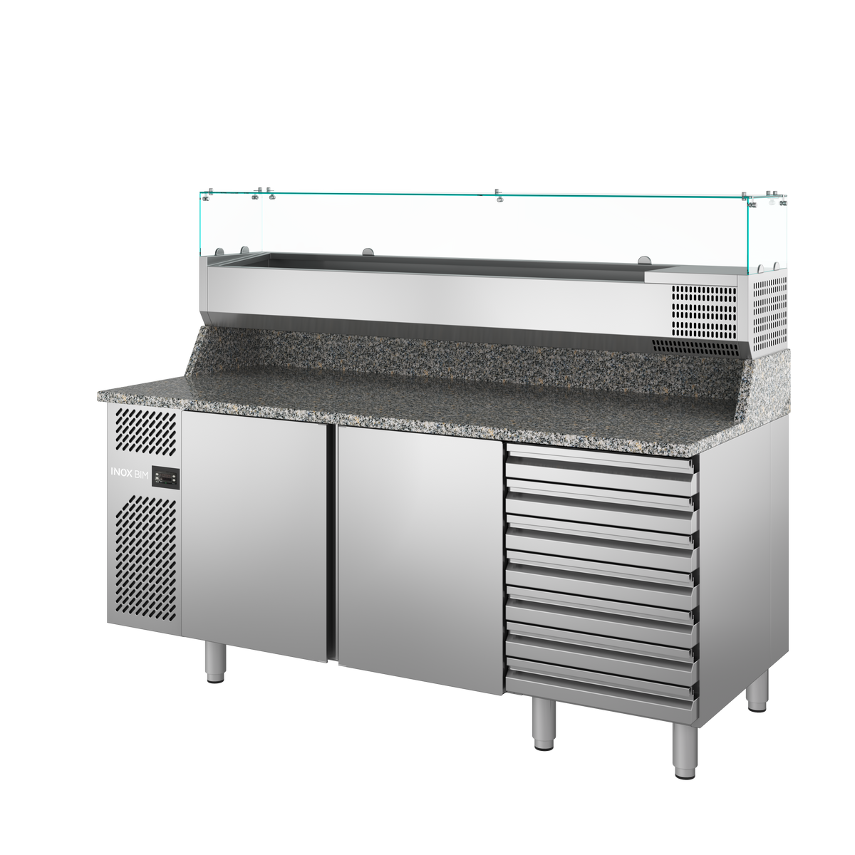 Banco refrigerato 2 porte cassettiera 7c mm.2000x800x1470h c/vetri, portab. GN1/3. INOX BIM, codice TP.27-14. Immagine rappresentativa della serie; fare riferimento alla descrizione del modello.