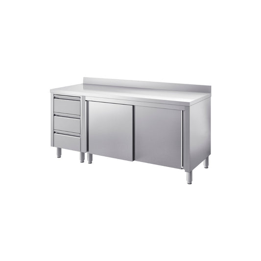 Tavolo armad.con cass.lat. sx ante scor. e alzatina post. mm.2200x700x850/900 h. INOX BIM, codice TSC.22A. Immagine rappresentativa della serie; fare riferimento alla descrizione del modello.
