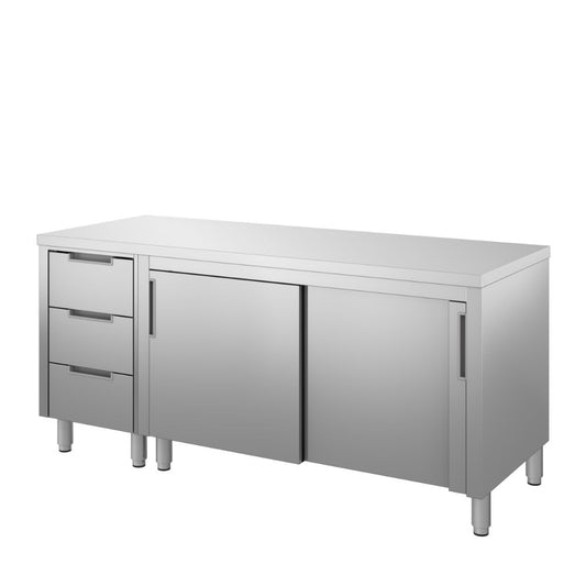 Tavolo armadiato con cassettiera lat.sx e ante scorrev. mm.2200x600x850/900 h. INOX BIM, codice TSC6.22. Immagine rappresentativa della serie; fare riferimento alla descrizione del modello.