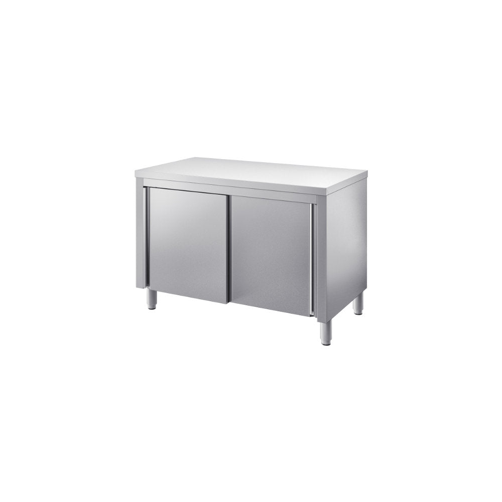 Tavolo armadiato tamburato con ante scor.su due fronti mm.1500x800x850/900 h. INOX BIM, codice TVT2.8.15. Immagine rappresentativa della serie; fare riferimento alla descrizione del modello.