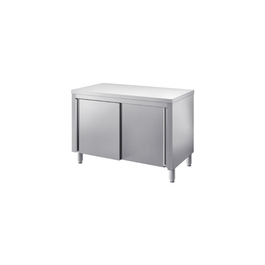 Tavolo armadiato tamburato con ante scor.su due fronti mm.1700x800x850/900 h. INOX BIM, codice TVT2.8.17. Immagine rappresentativa della serie; fare riferimento alla descrizione del modello.