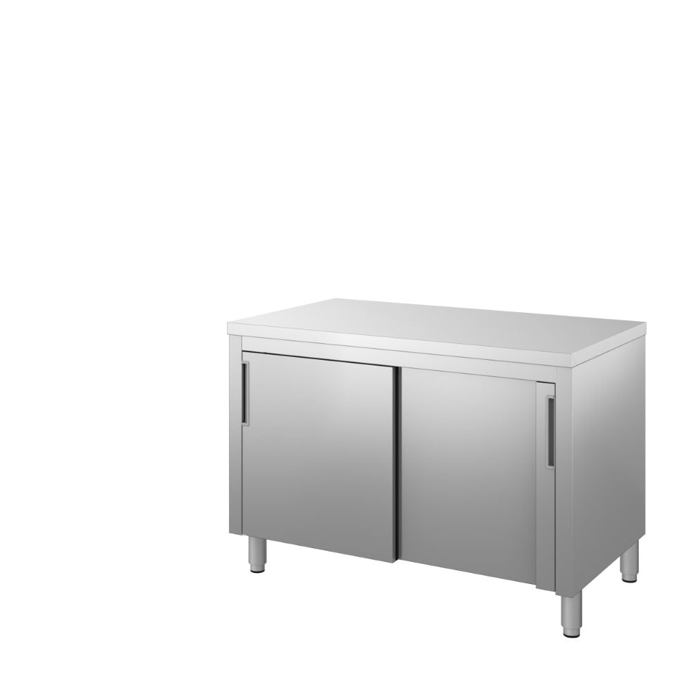 Tavolo armadiato tamburato con ante scor.su due fronti mm.1500x700x850/900 h. INOX BIM, codice TVT2.15. Immagine rappresentativa della serie; fare riferimento alla descrizione del modello.