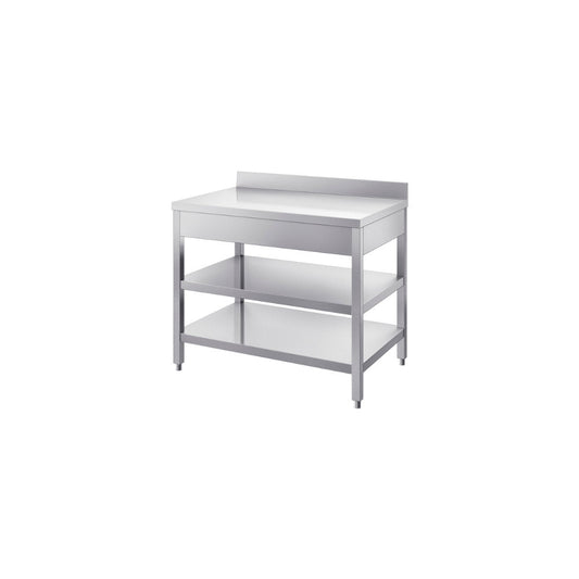 Tavolo con ripiano inferiore e alzatina post. mm. 1200x600x850/900 h – INOX BIM TVR6.12A