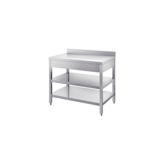Tavolo con ripiano inferiore e alzatina post. mm. 2300x600x850/900 h. INOX BIM, codice TVR6.23A. Immagine rappresentativa della serie; fare riferimento alla descrizione del modello.
