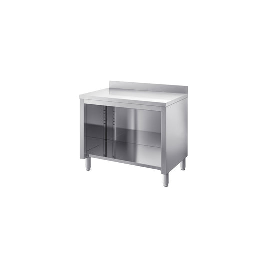 Tavolo con schienale e fianchi alzatina post.mm.3000x700x850/900 h. INOX BIM, codice TVS.30A. Immagine rappresentativa della serie; fare riferimento alla descrizione del modello.
